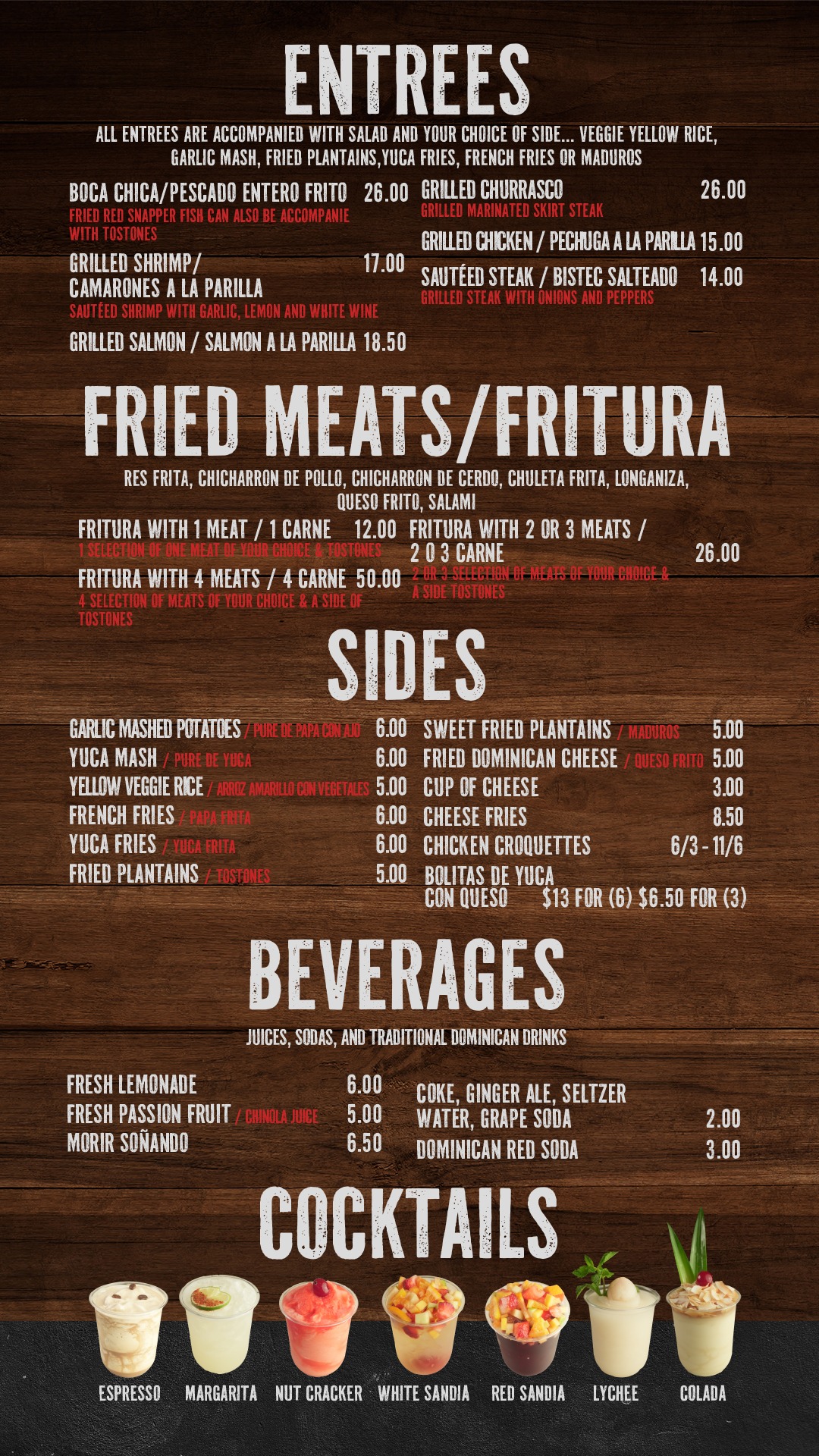 Entrees and Frituras menu